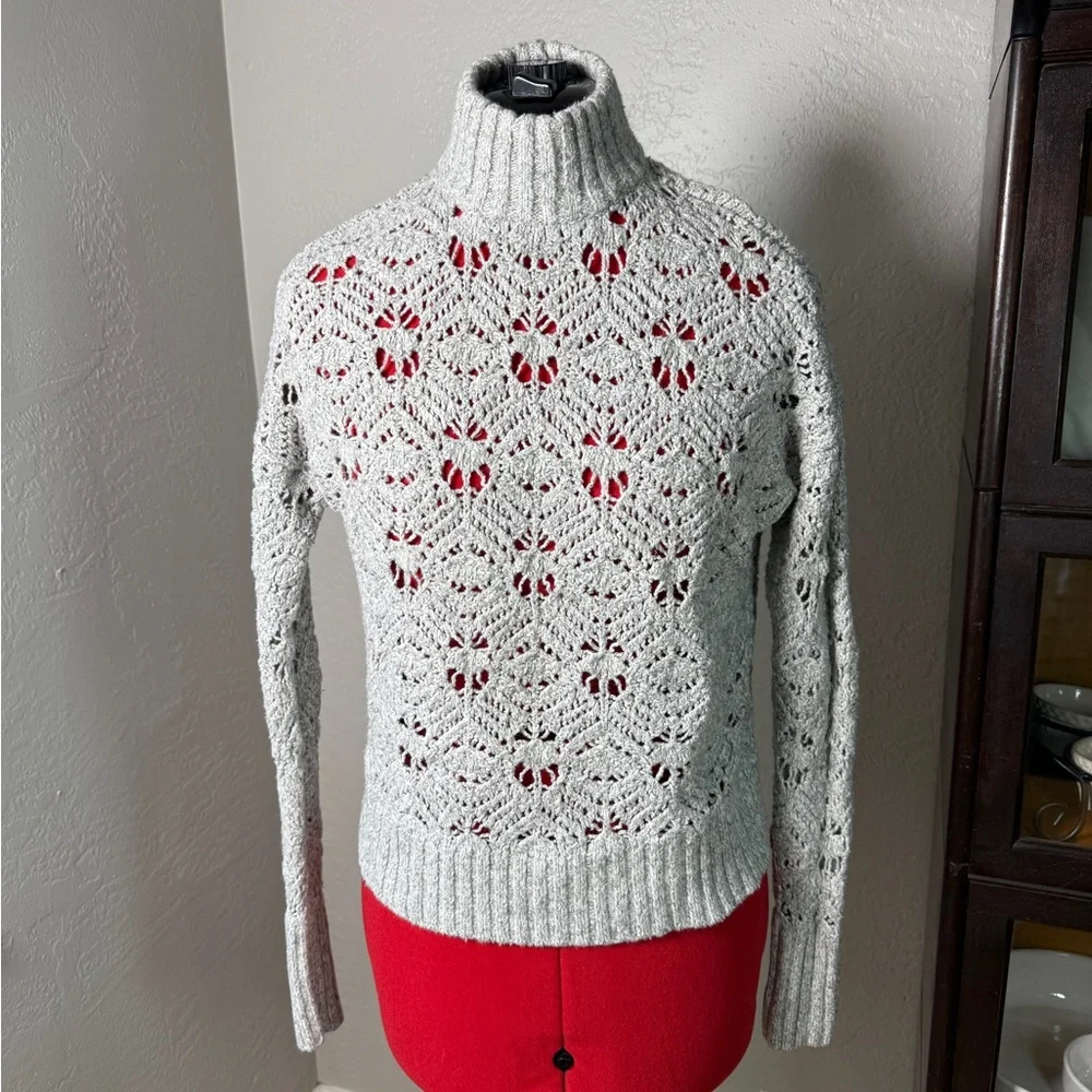 American Eagle Gray Crochet Mock Neck Open Knit Sweater Size S